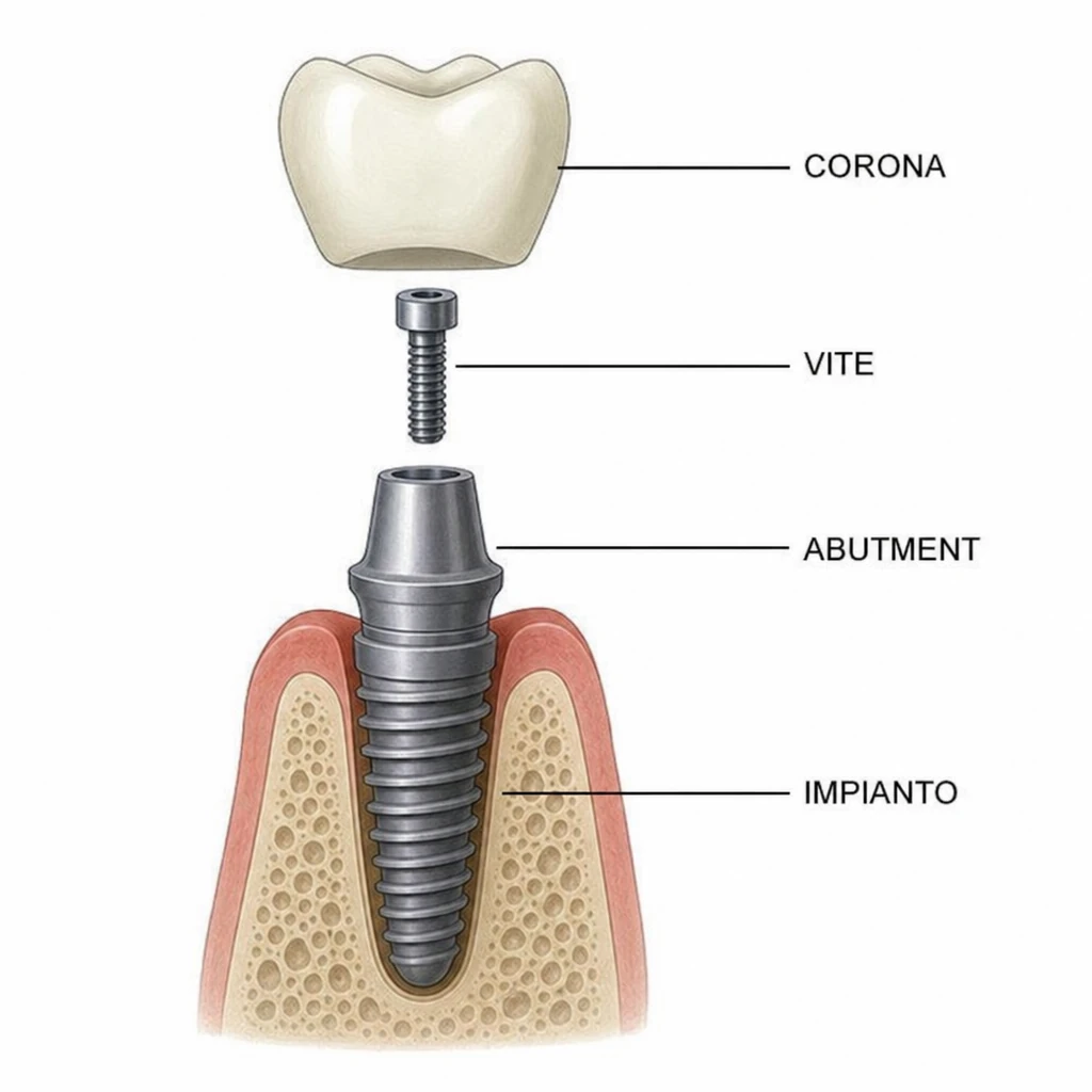 Schema delle parti di un impianto dentale con corona, vite, abutment e impianto
