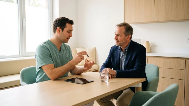 Dentist explaining dental implant treatment and costs to a patient during a consultation
